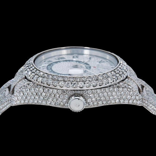 Rolex Sky-Dweller Diamond Paved Roman Dial Full Iced Out Oyster Bracelet Moissanite Watch Crown View