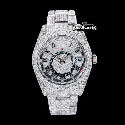 Rolex Sky-Dweller Diamond Paved Roman Dial Full Iced Out Oyster Bracelet Moissanite Watch