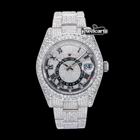 Rolex Sky-Dweller Diamond Paved Roman Dial Full Iced Out Oyster Bracelet Moissanite Watch Front View