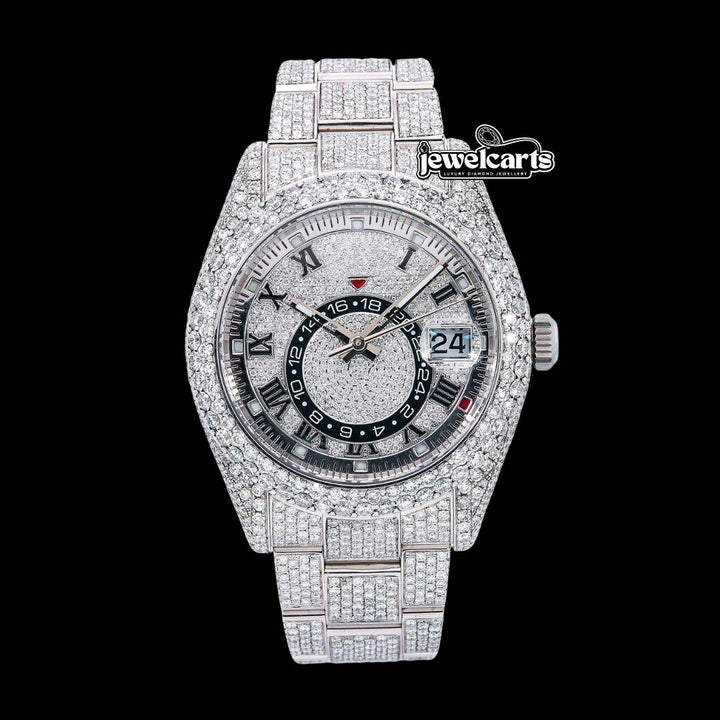 Rolex Sky-Dweller Diamond Paved Roman Dial Full Iced Out Oyster Bracelet Moissanite Watch Front View