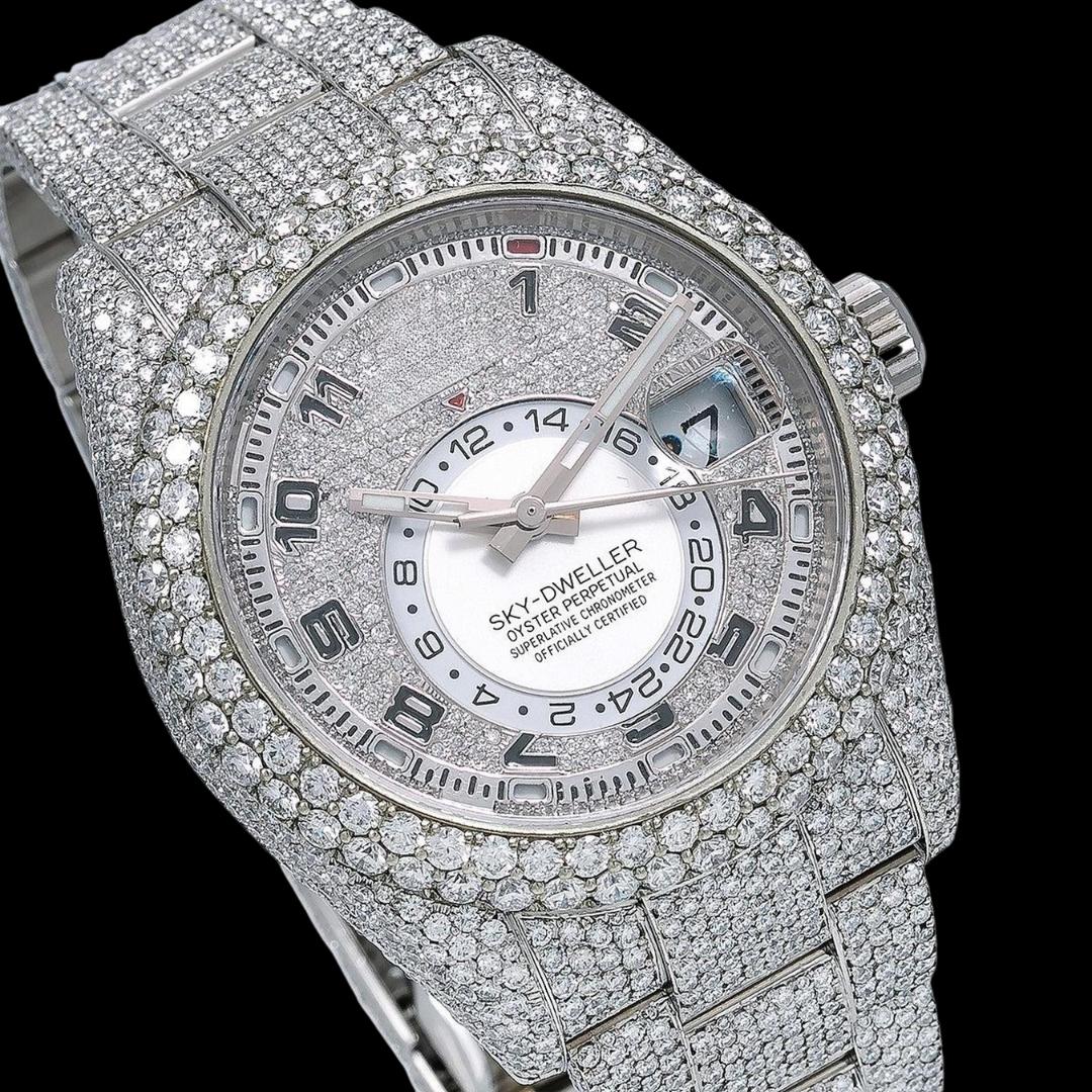 Rolex Sky-Dweller Diamond Paved White Dial Standard Numerals Fully Iced Out Oyster Strap Moissanite Watch Close Up Dial View