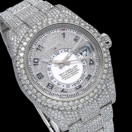 Rolex Sky-Dweller Diamond Paved White Dial Standard Numerals Fully Iced Out Oyster Strap Moissanite Watch Close Up Dial View