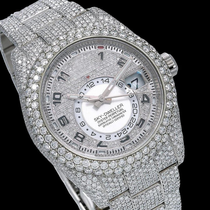 Rolex Sky-Dweller Diamond Paved White Dial Standard Numerals Fully Iced Out Oyster Strap Moissanite Watch Close Up Dial View