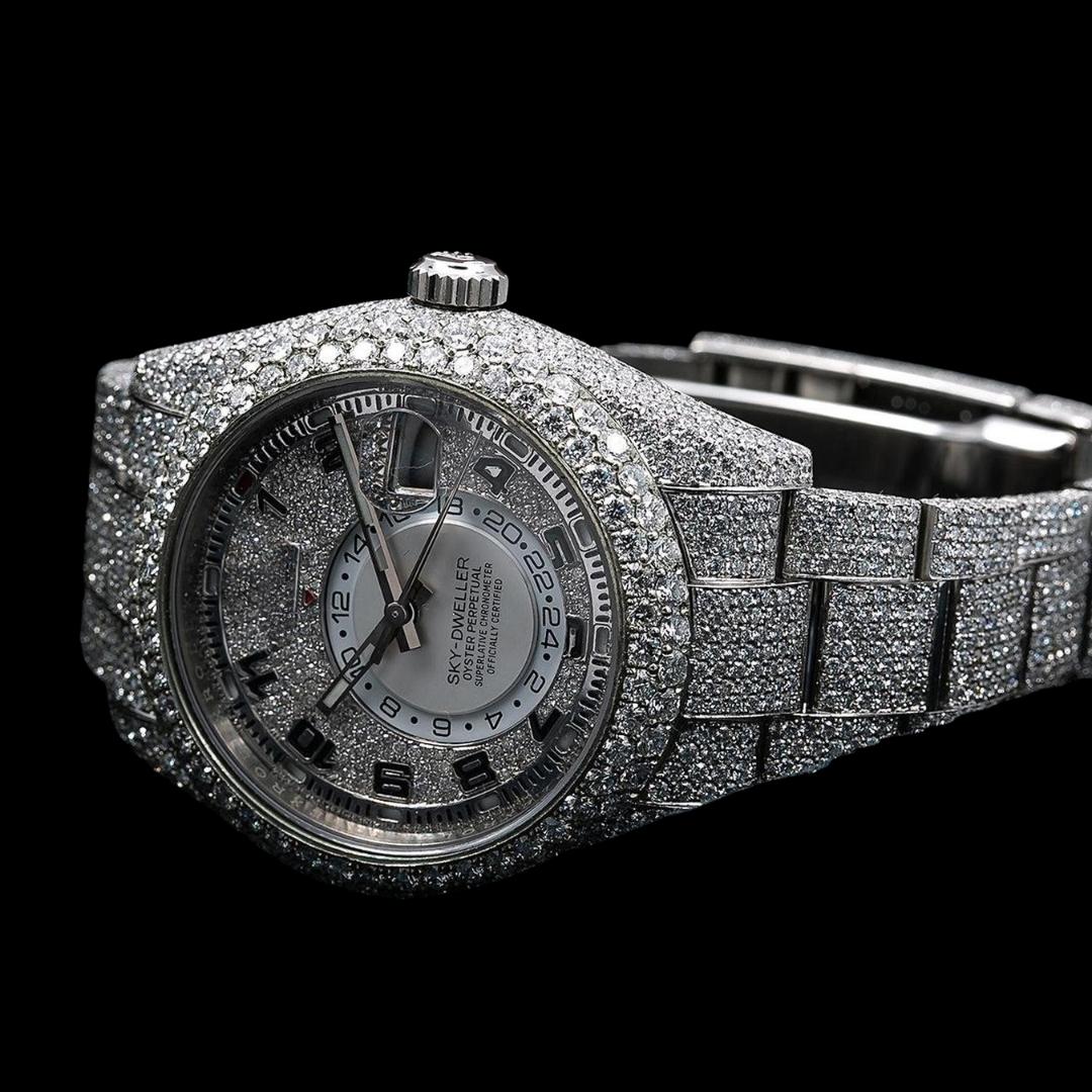 Rolex Sky-Dweller Diamond Paved White Dial Standard Numerals Fully Iced Out Oyster Strap Moissanite Watch Close Up Front View