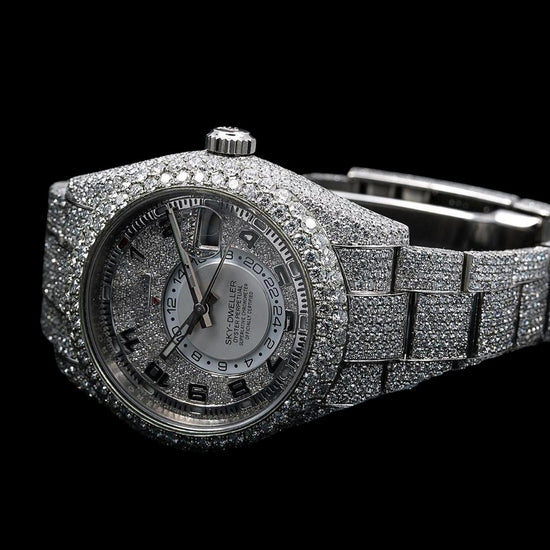 Rolex Sky-Dweller Diamond Paved White Dial Standard Numerals Fully Iced Out Oyster Strap Moissanite Watch Close Up Front View