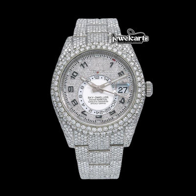 Rolex Sky-Dweller Diamond Paved White Dial Standard Numerals Fully Iced Out Oyster Strap Moissanite Watch