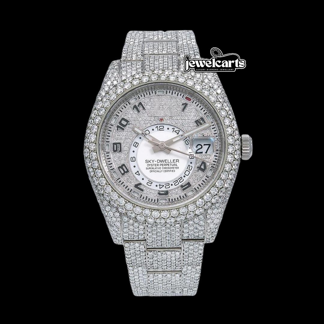 Rolex Sky-Dweller Diamond Paved White Dial Standard Numerals Fully Iced Out Oyster Strap Moissanite Watch Front View