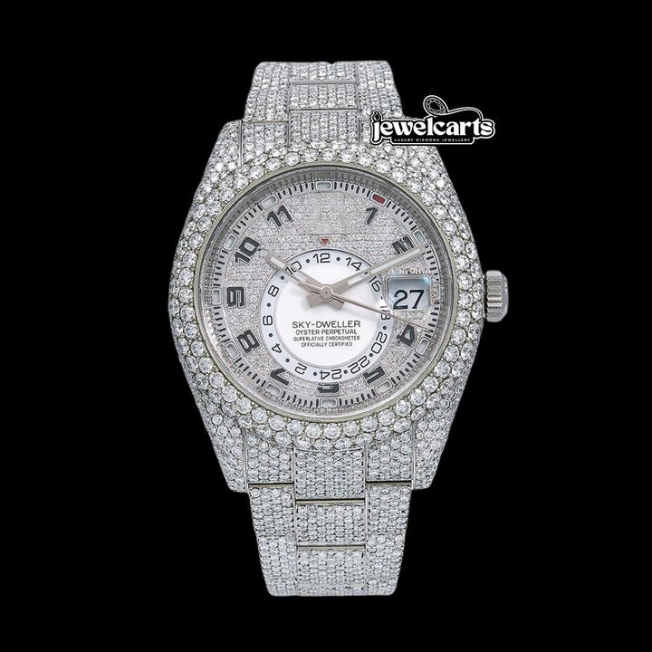 Rolex Sky-Dweller Diamond Paved White Dial Standard Numerals Fully Iced Out Oyster Strap Moissanite Watch Front View