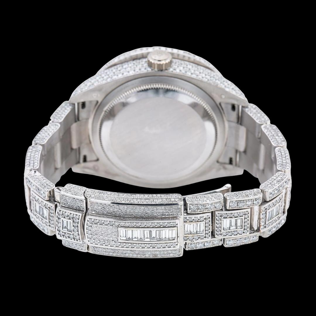 Rolex Sky-Dweller Dual Time Black Dial Standard Numerals Fully Iced Out Oyster Bracelet Moissanite Watch Caseback View