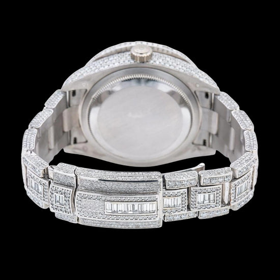 Rolex Sky-Dweller Dual Time Black Dial Standard Numerals Fully Iced Out Oyster Bracelet Moissanite Watch Caseback View