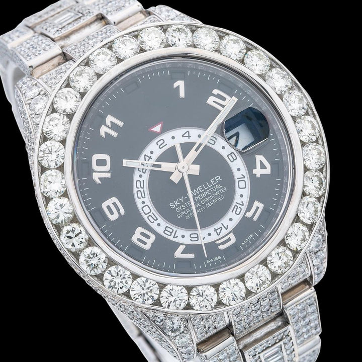 Rolex Sky-Dweller Dual Time Black Dial Standard Numerals Fully Iced Out Oyster Bracelet Moissanite Watch Close Up Dial View