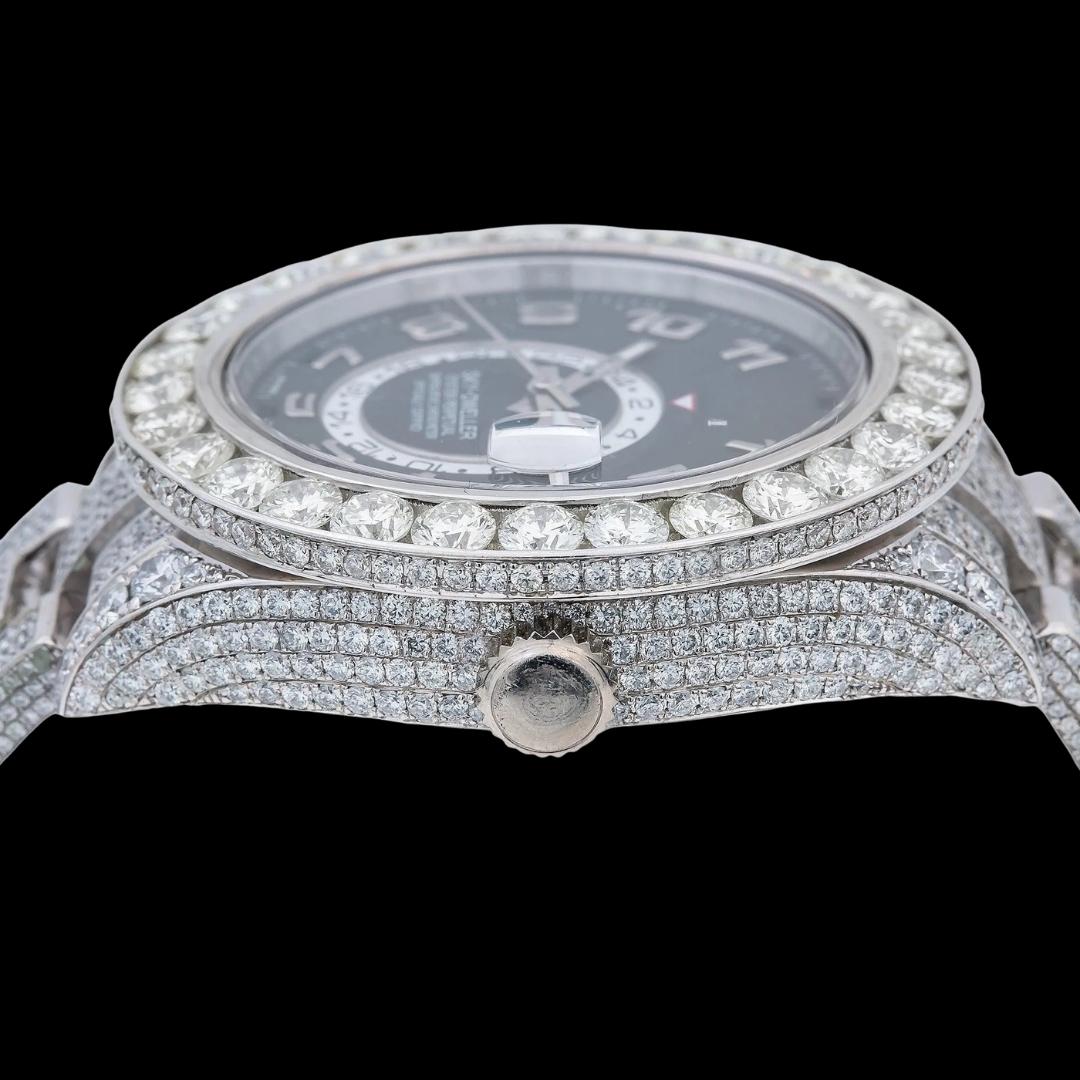 Rolex Sky-Dweller Dual Time Black Dial Standard Numerals Fully Iced Out Oyster Bracelet Moissanite Watch Crown View
