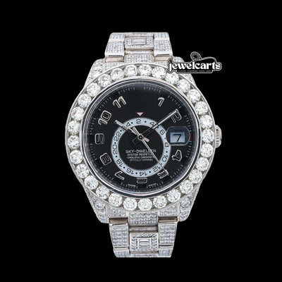 Rolex Sky-Dweller Dual Time Black Dial Standard Numerals Fully Iced Out Oyster Bracelet Moissanite Watch