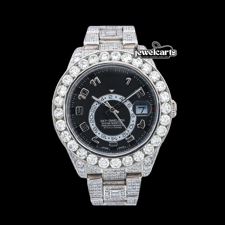 Rolex Sky-Dweller Dual Time Black Dial Standard Numerals Fully Iced Out Oyster Bracelet Moissanite Watch Front View
