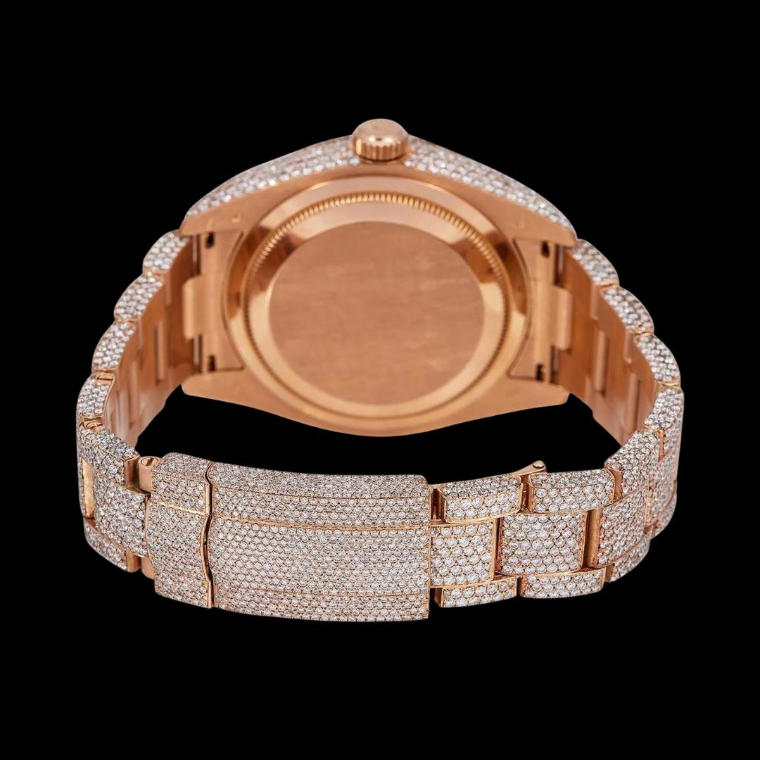 Rolex Sky-Dweller Rose Gold Roman Dial Iced Out Oyster Bracelet Moissanite Watch Caseback View