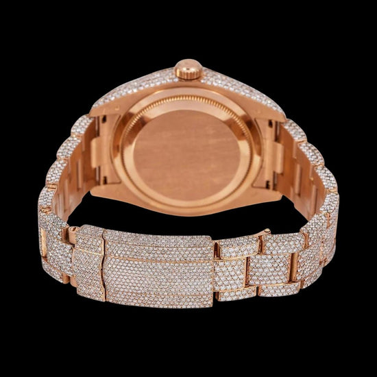 Rolex Sky-Dweller Rose Gold Roman Dial Iced Out Oyster Bracelet Moissanite Watch Caseback View