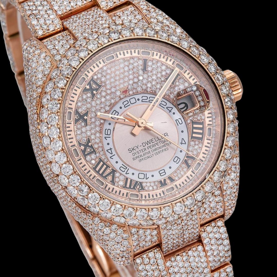 Rolex Sky-Dweller Rose Gold Roman Dial Iced Out Oyster Bracelet Moissanite Watch Close Up Dial View