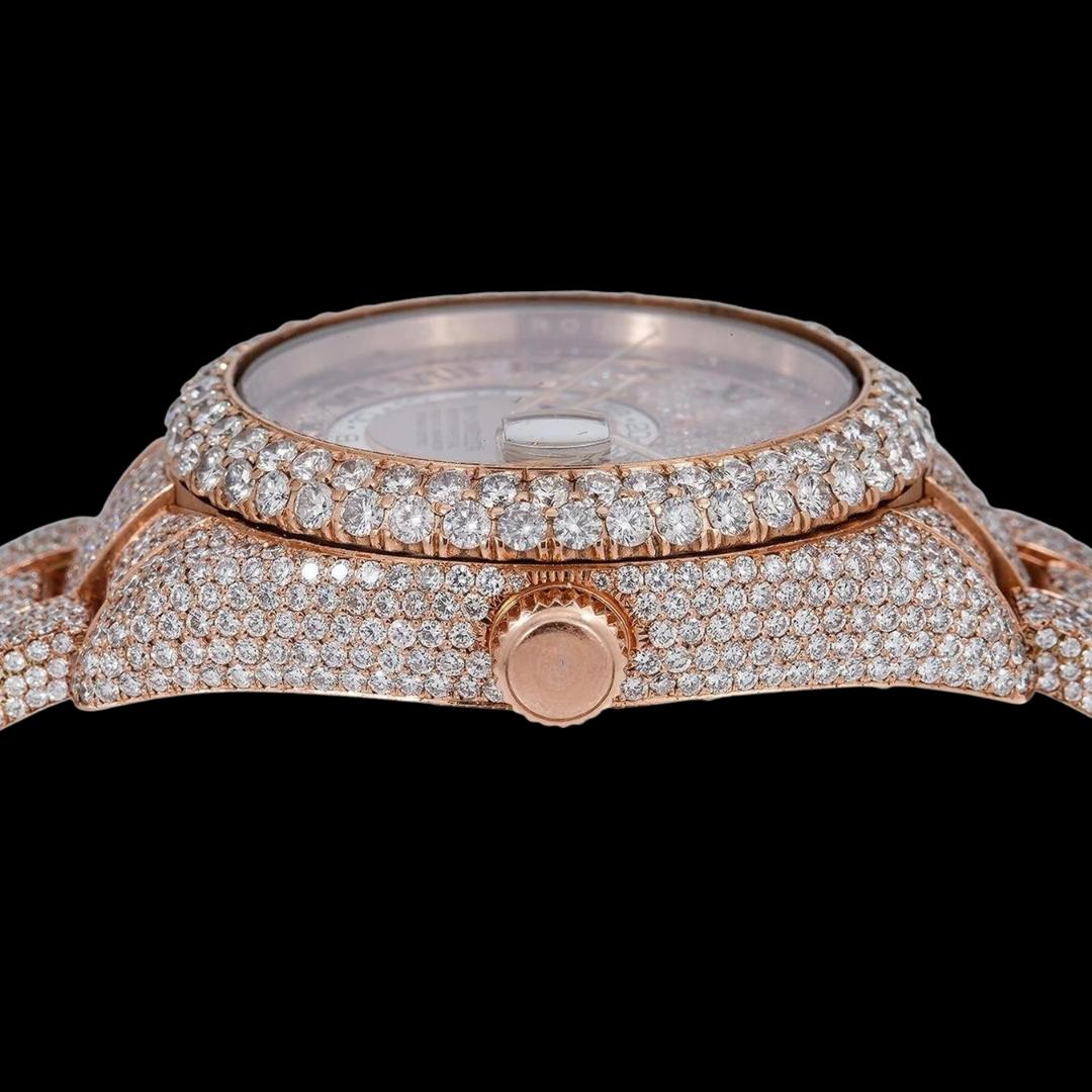 Rolex Sky-Dweller Rose Gold Roman Dial Iced Out Oyster Bracelet Moissanite Watch Crown View