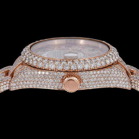 Rolex Sky-Dweller Rose Gold Roman Dial Iced Out Oyster Bracelet Moissanite Watch Crown View