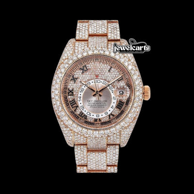 Rolex Sky-Dweller Rose Gold Roman Dial Iced Out Oyster Bracelet Moissanite Watch