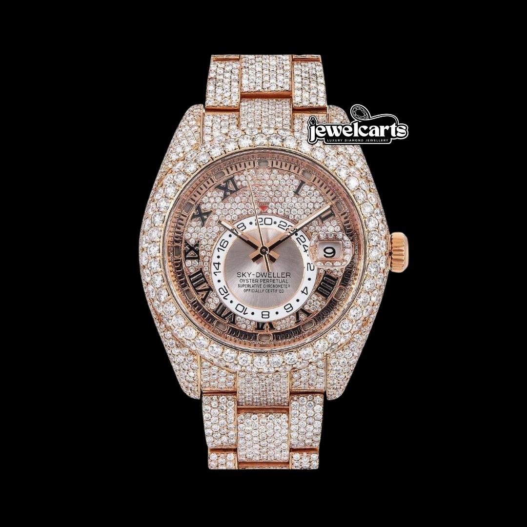 Rolex Sky-Dweller Rose Gold Roman Dial Iced Out Oyster Bracelet Moissanite Watch Front View