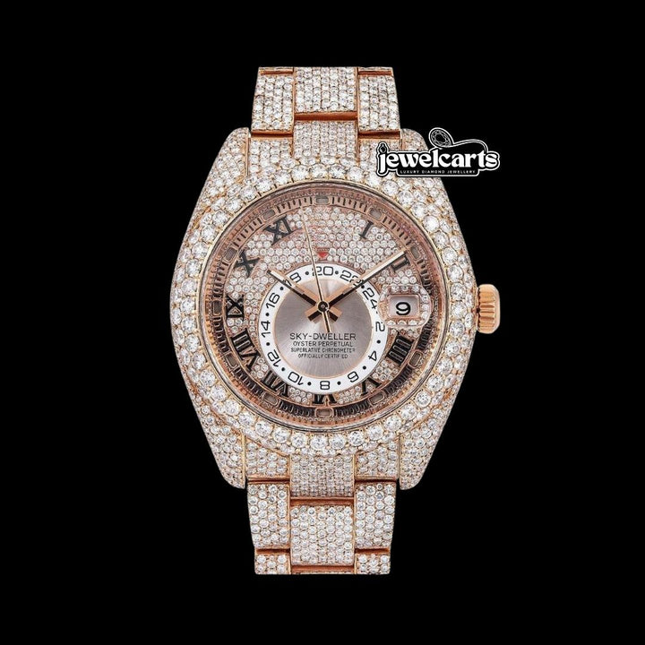 Rolex Sky-Dweller Rose Gold Roman Dial Iced Out Oyster Bracelet Moissanite Watch Front View