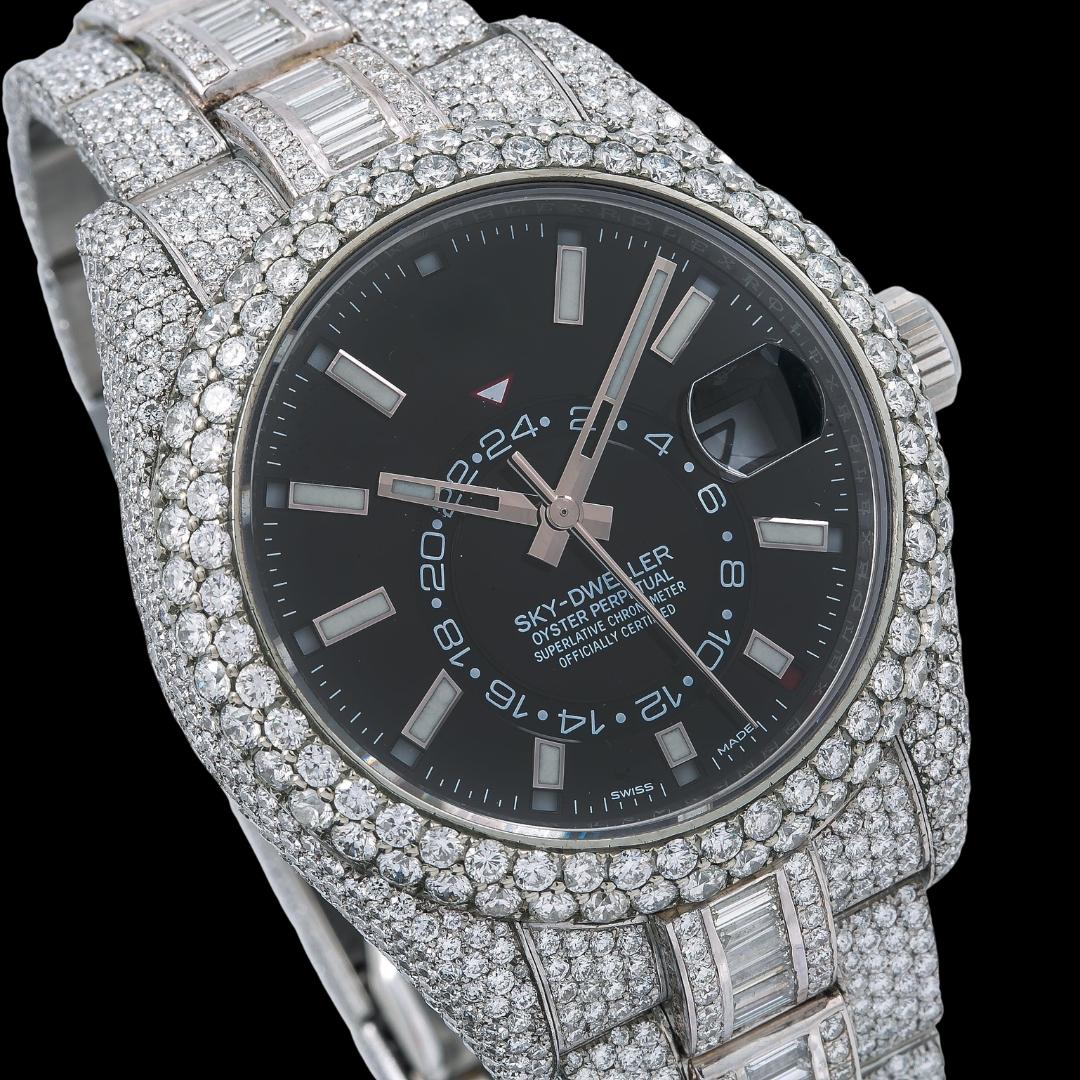 Rolex Sky-Dweller Stick Markers Black Dial Iced Out Baguette Oyster Bracelet Moissanite Watch Close Up Dial View