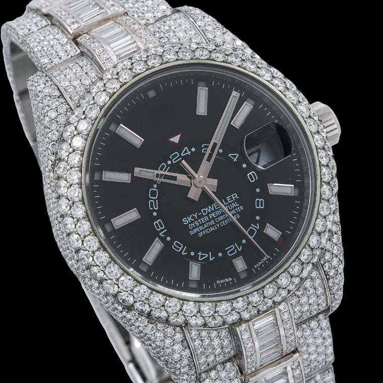 Rolex Sky-Dweller Stick Markers Black Dial Iced Out Baguette Oyster Bracelet Moissanite Watch Close Up Dial View