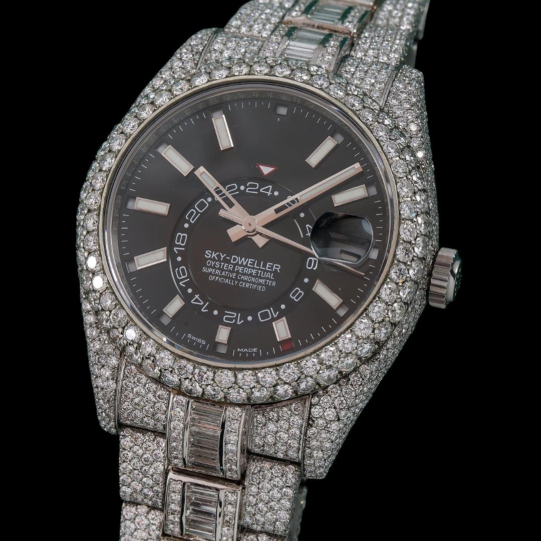 Rolex Sky-Dweller Stick Markers Black Dial Iced Out Baguette Oyster Bracelet Moissanite Watch Close Up Front View