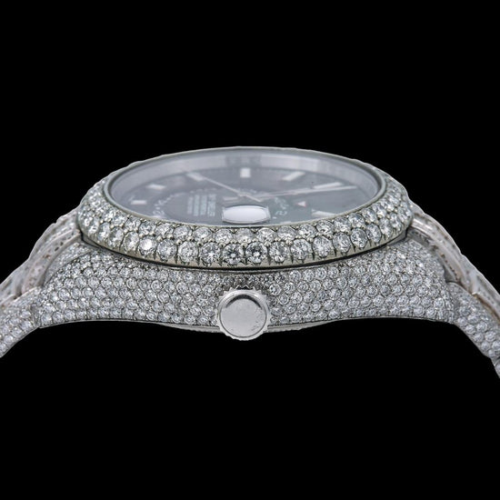 Rolex Sky-Dweller Stick Markers Black Dial Iced Out Baguette Oyster Bracelet Moissanite Watch Crown View