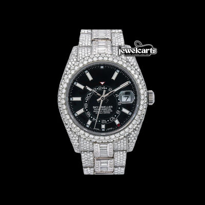 Rolex Sky-Dweller Stick Markers Black Dial Iced Out Baguette Oyster Bracelet Moissanite Watch