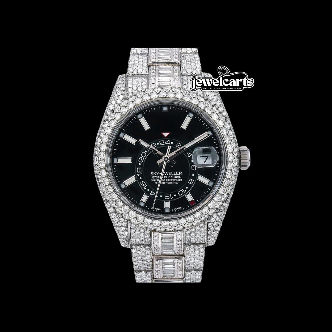 Rolex Sky-Dweller Stick Markers Black Dial Iced Out Baguette Oyster Bracelet Moissanite Watch Front View