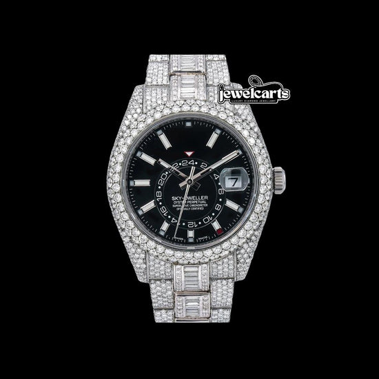 Rolex Sky-Dweller Stick Markers Black Dial Iced Out Baguette Oyster Bracelet Moissanite Watch Front View