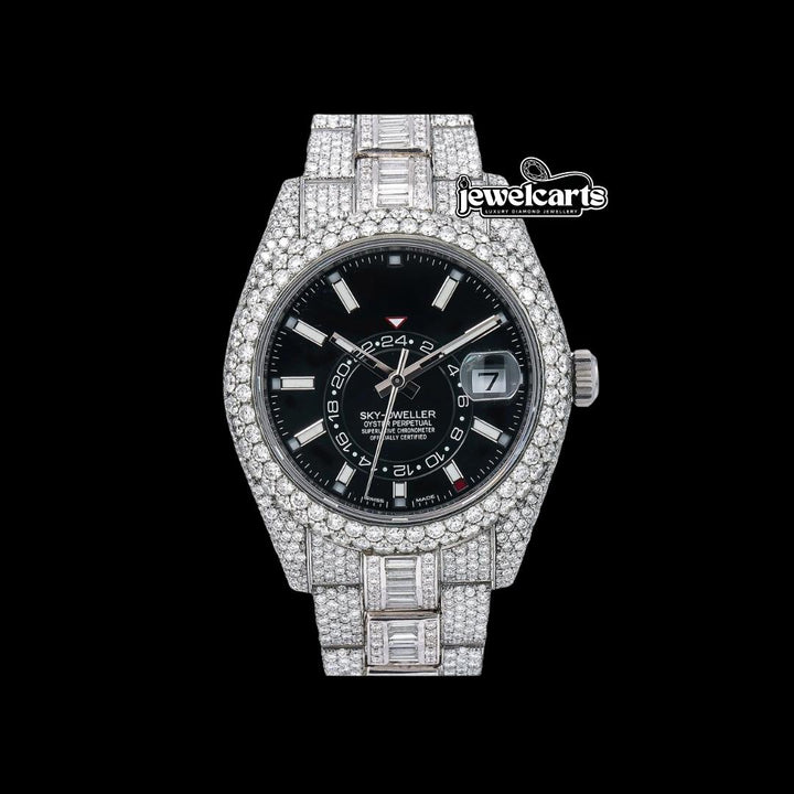 Rolex Sky-Dweller Stick Markers Black Dial Iced Out Baguette Oyster Bracelet Moissanite Watch Front View