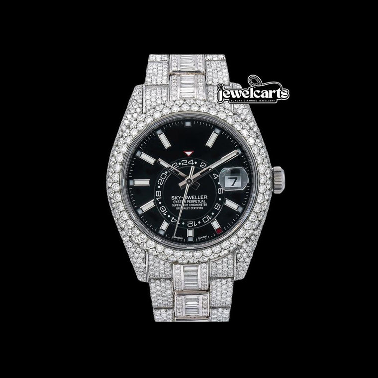 Rolex Sky-Dweller Stick Markers Black Dial Iced Out Baguette Oyster Bracelet Moissanite Watch Front View
