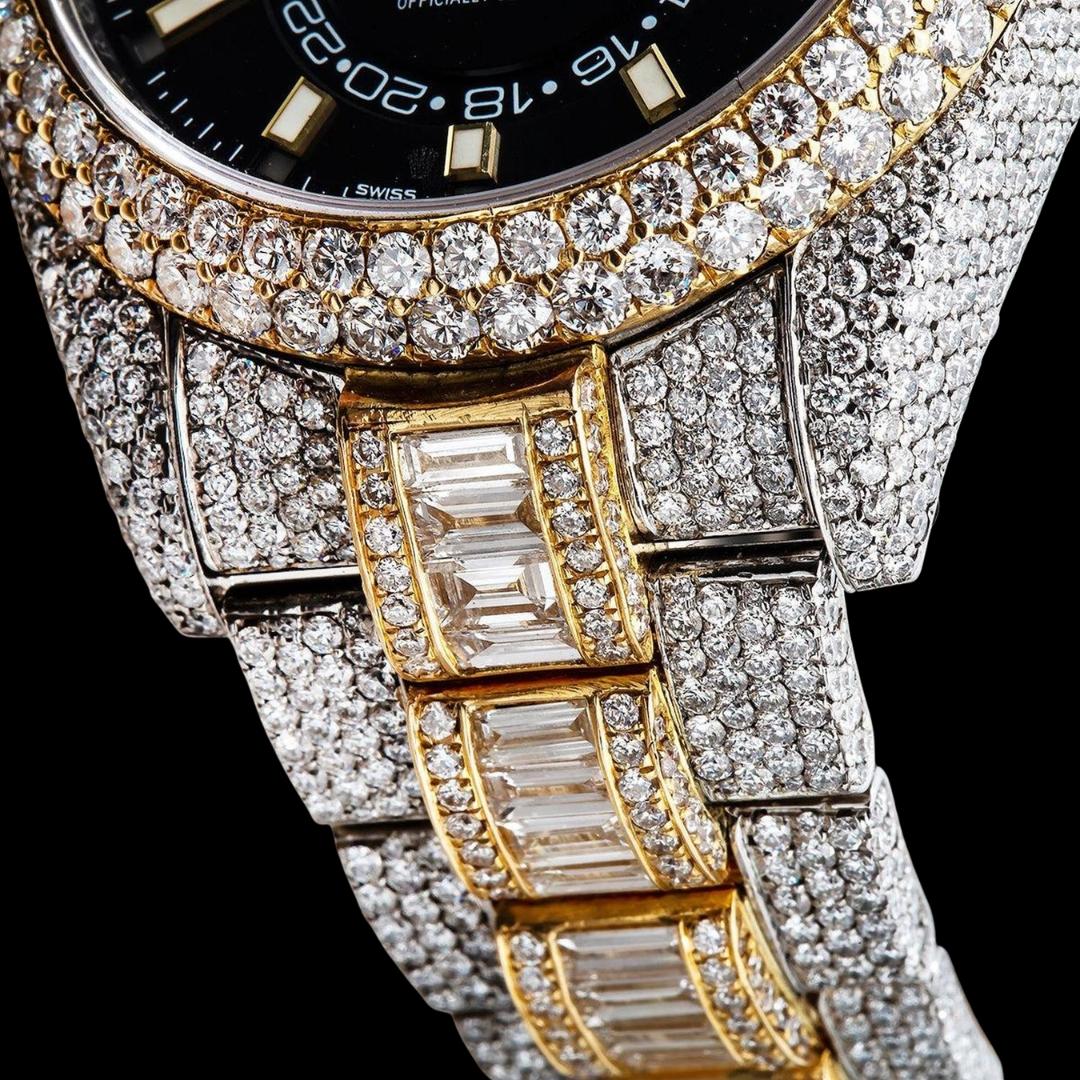 Rolex Sky-Dweller Stick Markers Black Dial Two Tone Baguette Oyster Bracelet Moissanite Watch Bracelet View