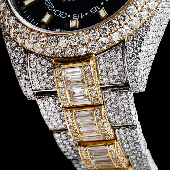 Rolex Sky-Dweller Stick Markers Black Dial Two Tone Baguette Oyster Bracelet Moissanite Watch Bracelet View