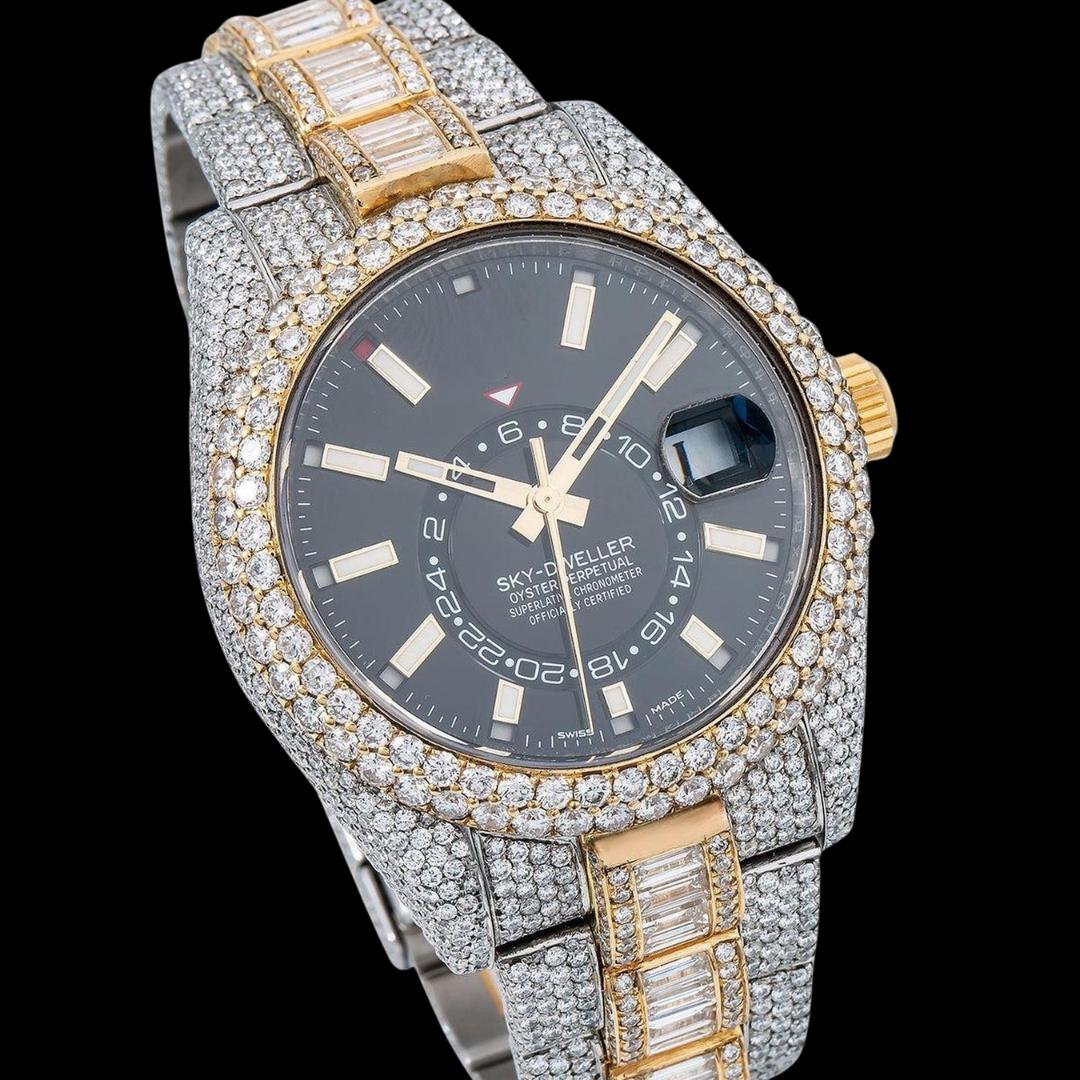Rolex Sky-Dweller Stick Markers Black Dial Two Tone Baguette Oyster Bracelet Moissanite Watch Close Up Dial View