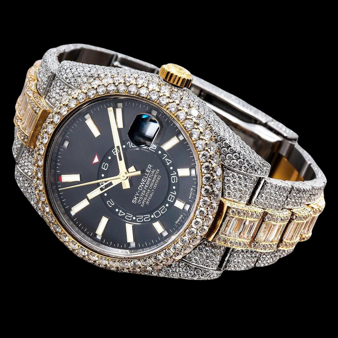 Rolex Sky-Dweller Stick Markers Black Dial Two Tone Baguette Oyster Bracelet Moissanite Watch Close Up Front View