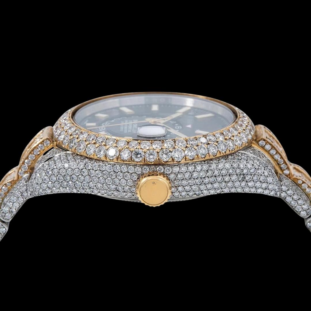 Rolex Sky-Dweller Stick Markers Black Dial Two Tone Baguette Oyster Bracelet Moissanite Watch Crown View