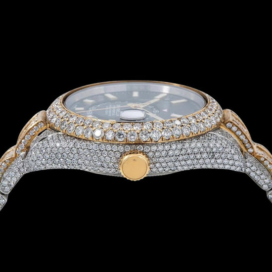 Rolex Sky-Dweller Stick Markers Black Dial Two Tone Baguette Oyster Bracelet Moissanite Watch Crown View