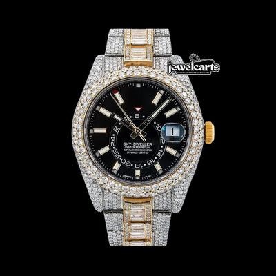 Rolex Sky-Dweller Stick Markers Black Dial Two Tone Baguette Oyster Bracelet Moissanite Watch