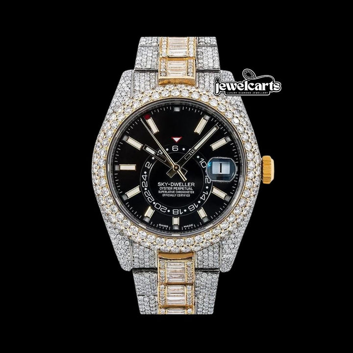 Rolex Sky-Dweller Stick Markers Black Dial Two Tone Baguette Oyster Bracelet Moissanite Watch Front View