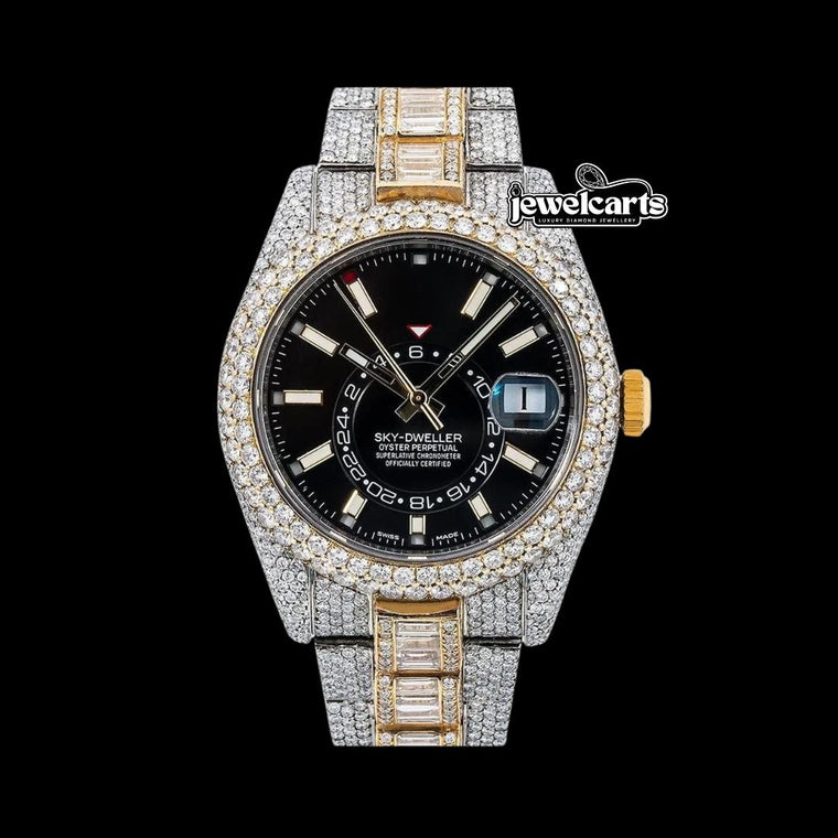 Rolex Sky-Dweller Stick Markers Black Dial Two Tone Baguette Oyster Bracelet Moissanite Watch Front View