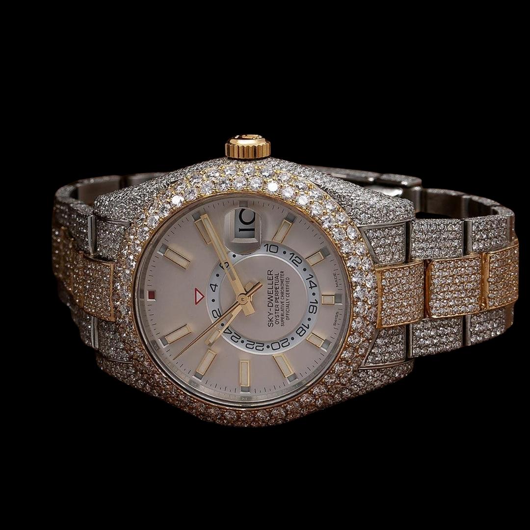 Rolex Sky-Dweller White Dial Stick Markers Two Tone Yellow Gold Oyster Bracelet Iced Out Moissanite Watch Close Up Front View