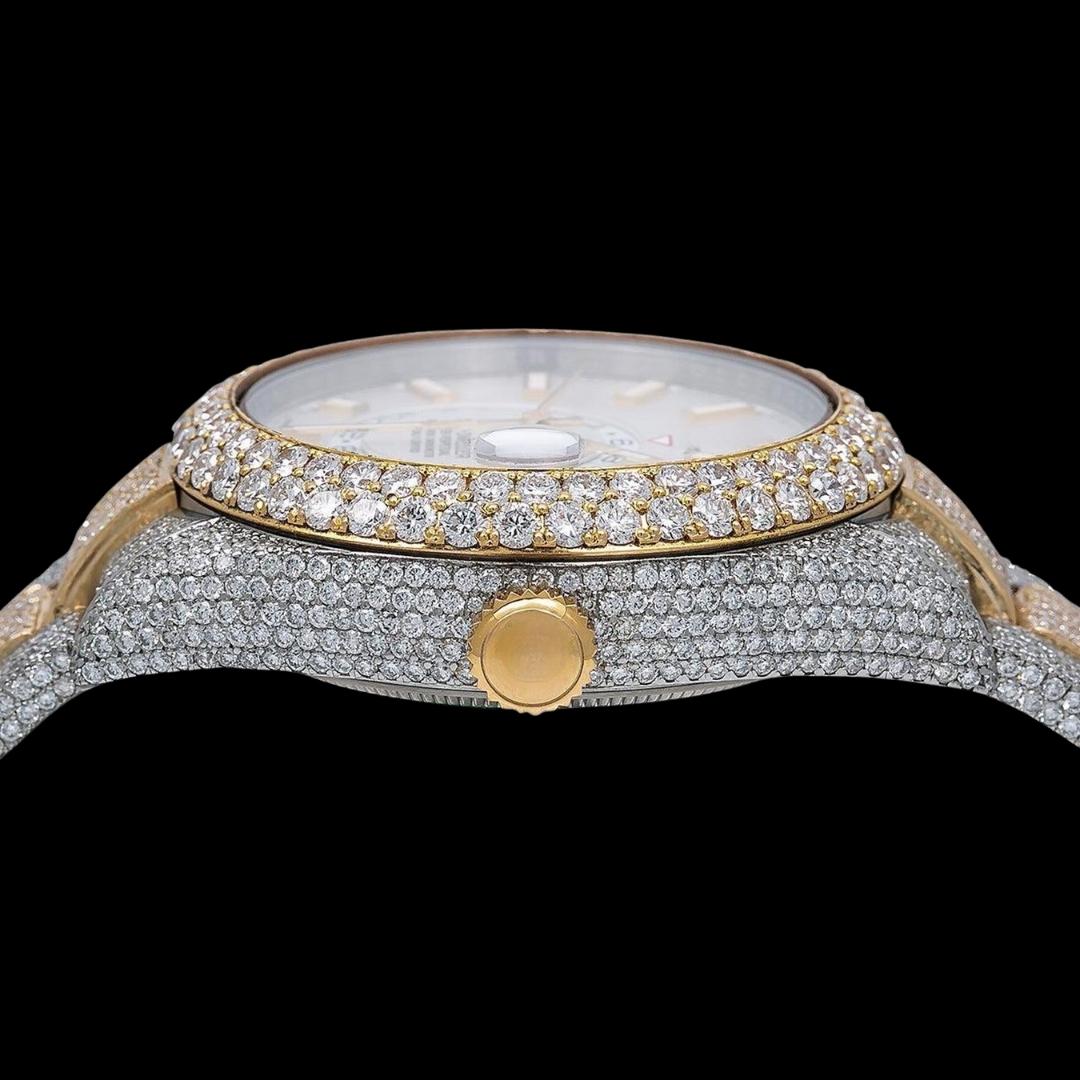 Rolex Sky-Dweller White Dial Stick Markers Two Tone Yellow Gold Oyster Bracelet Iced Out Moissanite Watch Crown View