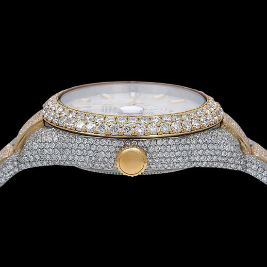 Rolex Sky-Dweller White Dial Stick Markers Two Tone Yellow Gold Oyster Bracelet Iced Out Moissanite Watch Crown View