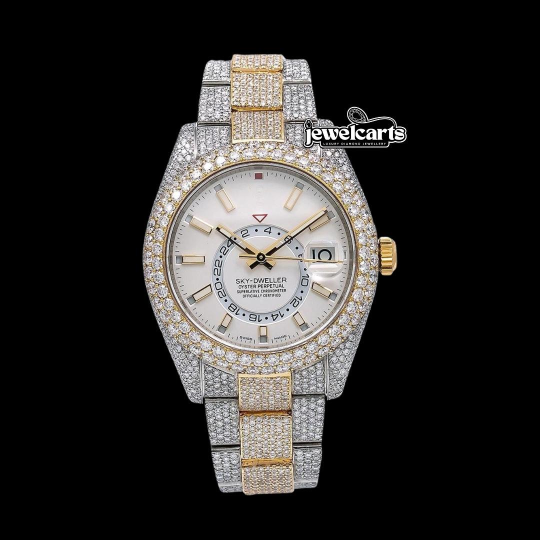 Rolex Sky-Dweller White Dial Stick Markers Two Tone Yellow Gold Oyster Bracelet Iced Out Moissanite Watch Front View