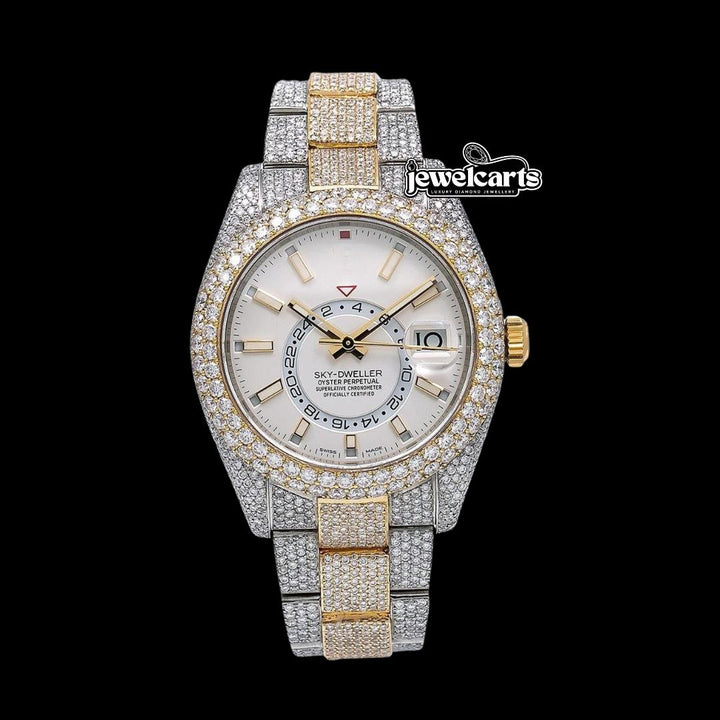 Rolex Sky-Dweller White Dial Stick Markers Two Tone Yellow Gold Oyster Bracelet Iced Out Moissanite Watch Front View