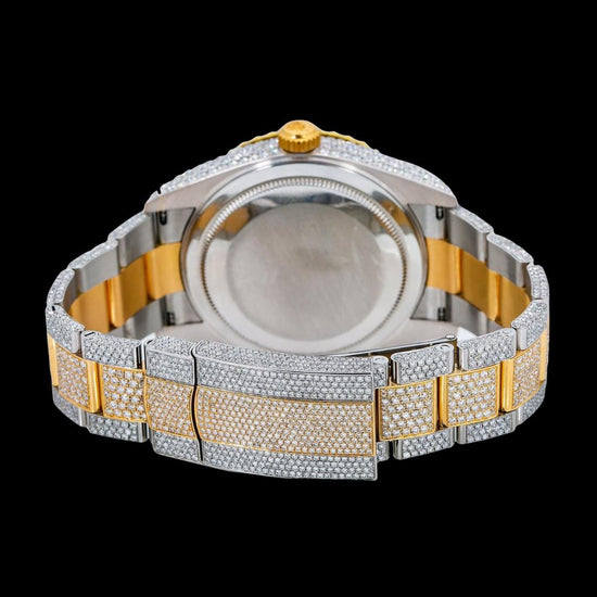 Rolex Sky-Dweller White Dual Time Dial Stick Markers Two Tone Oyster Bracelet Iced Out Moissanite Watch Caseback View